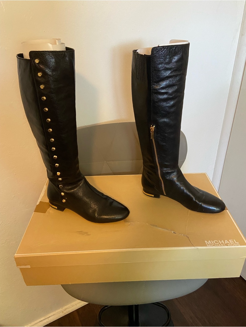 Michael Kors Ailee Black Leather Gold Stud Flat Boots